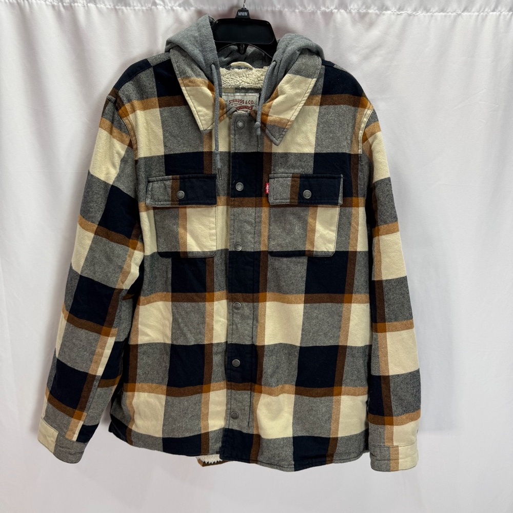 Levi's Men’s Hooded Plaid Flannel Jacket - Black, Cream & Brown
